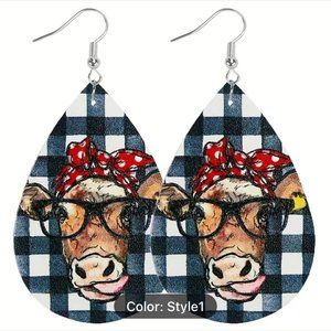 Cow w Glasses Red Bandana Black n White Check Leather Earrings